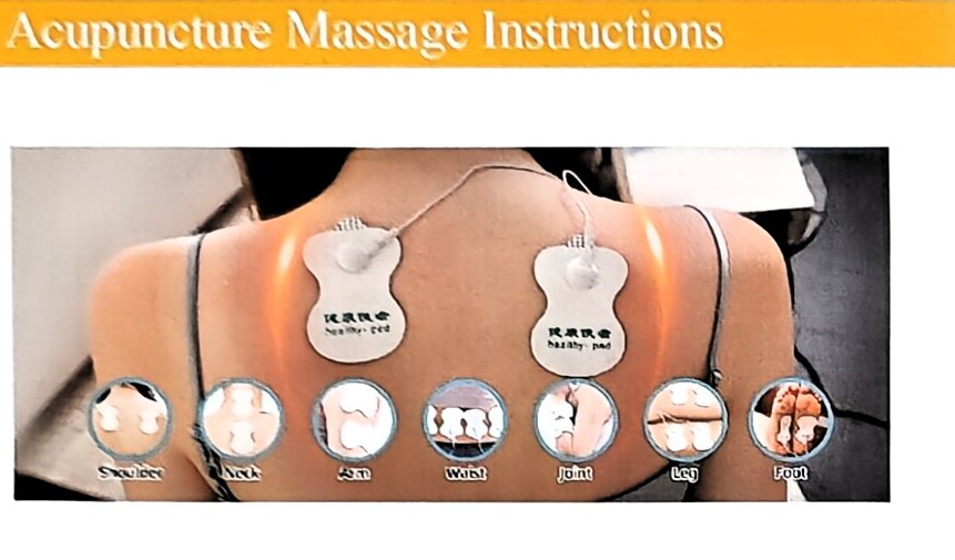 TENS electrode pads applied to the shoulders for massage